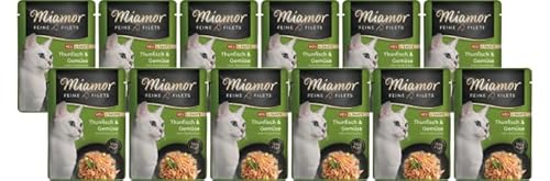 Miamor Feine Filets in Sauce 12 x 100g Thunfisch & Gemüse | Getreidefrei, Fettarm, Ohne Zucker & Nebenerzeugnisse, Hochwertige Filetstückchen | im Frischebeutel | Nassfutter für Katzen von Miamor