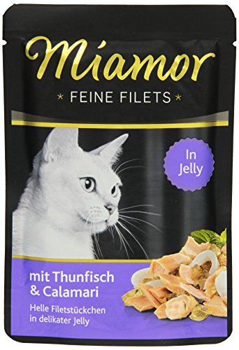 MIAMOR - Feine Filets in Jelly | Nassfutter für ausgewachsene Katzen mit Filetstückchen in Jelly. Fettarmes Ergänzungsfutter im Frischebeutel ohne Zusatzstoffe | 24x100g Thunfisch & Calamari von Miamor