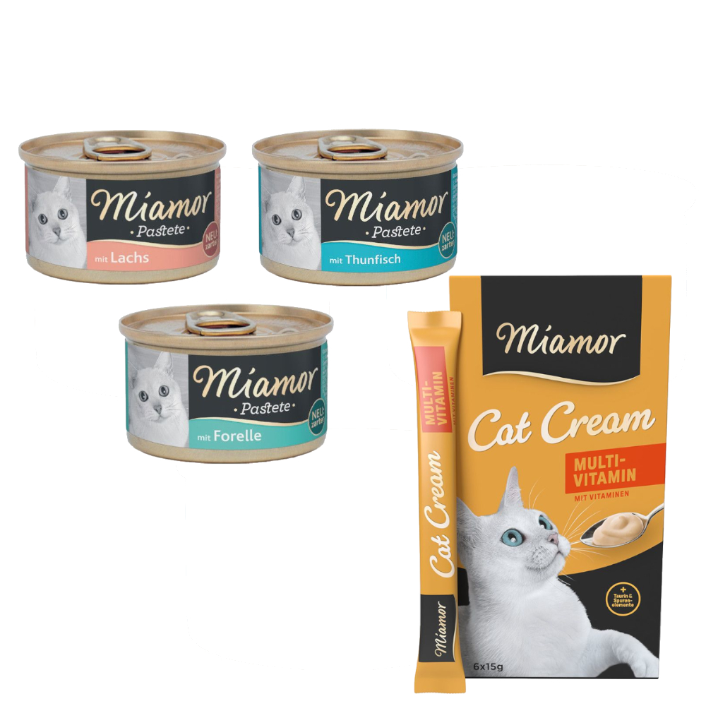 Miamor Kombi-Paket: 12 x 85 g Pastete + 12 x 15 g Multi-Vitamin Cream Snacks - Pastete mit Fisch (3 Sorten) + Snack Multi-Vitamin Cream von Miamor