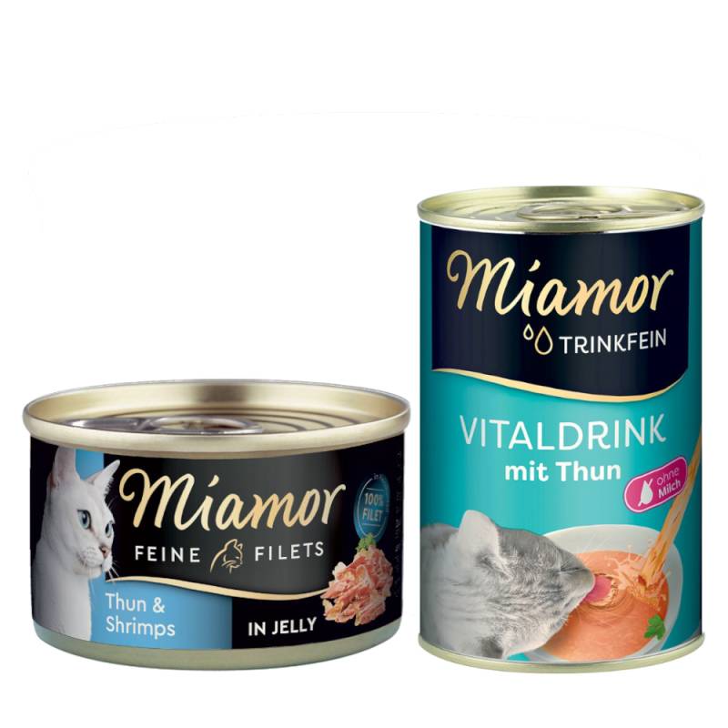 Miamor Kombi-Paket: Feine Filets 12 x 100 g + Trinkfein Vitaldrink 6 x 135 ml - Feine Filets Thunfisch & Shrimps + Vitaldrink mit Thunfisch von Miamor