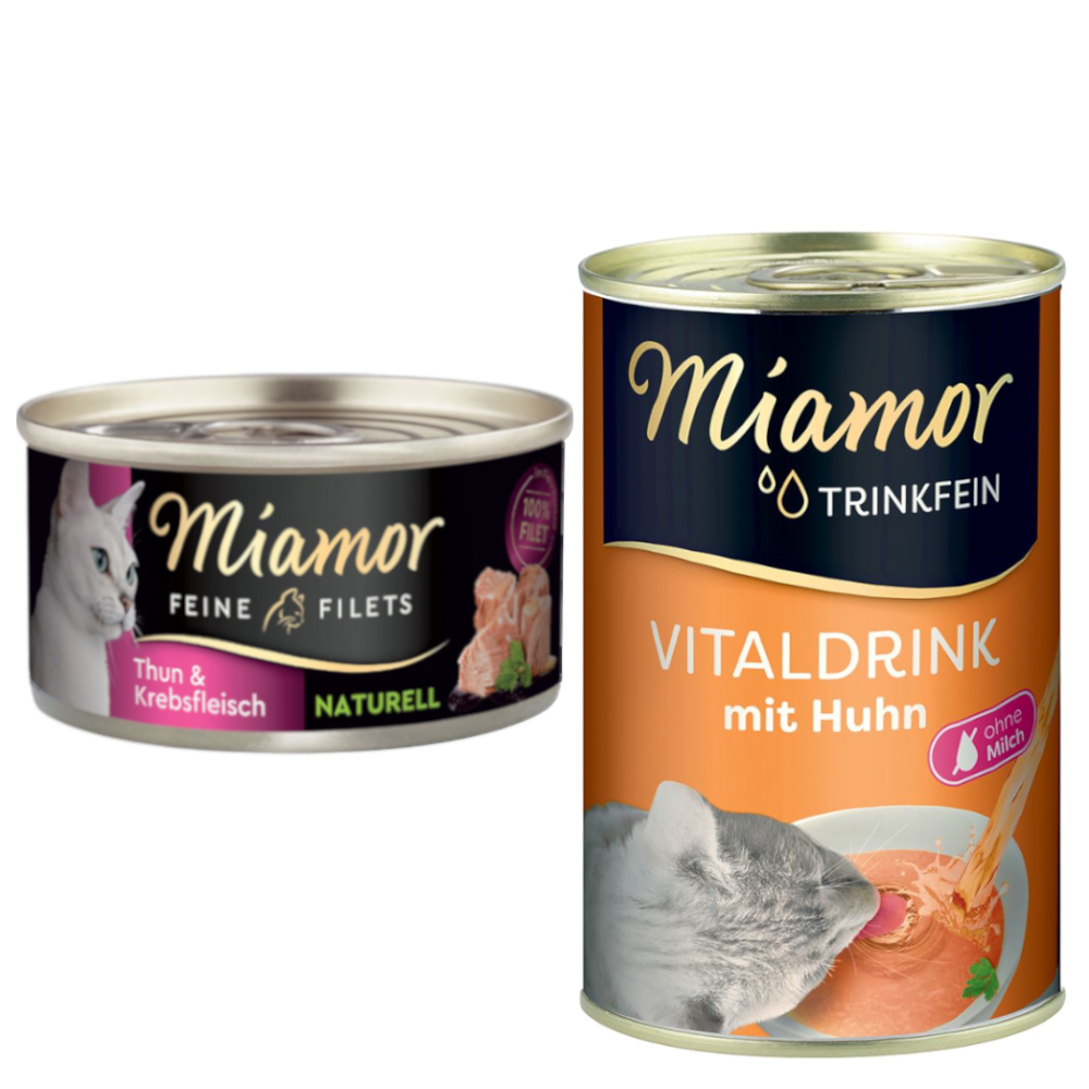 Miamor Kombi-Paket: Feine Filets Naturelle 12 x 80 g + Trinkfein Vitaldrink 6 x 135 ml - Feine Filets Thunfisch & Krebsfleisch + Vitaldrink mit Huhn von Miamor