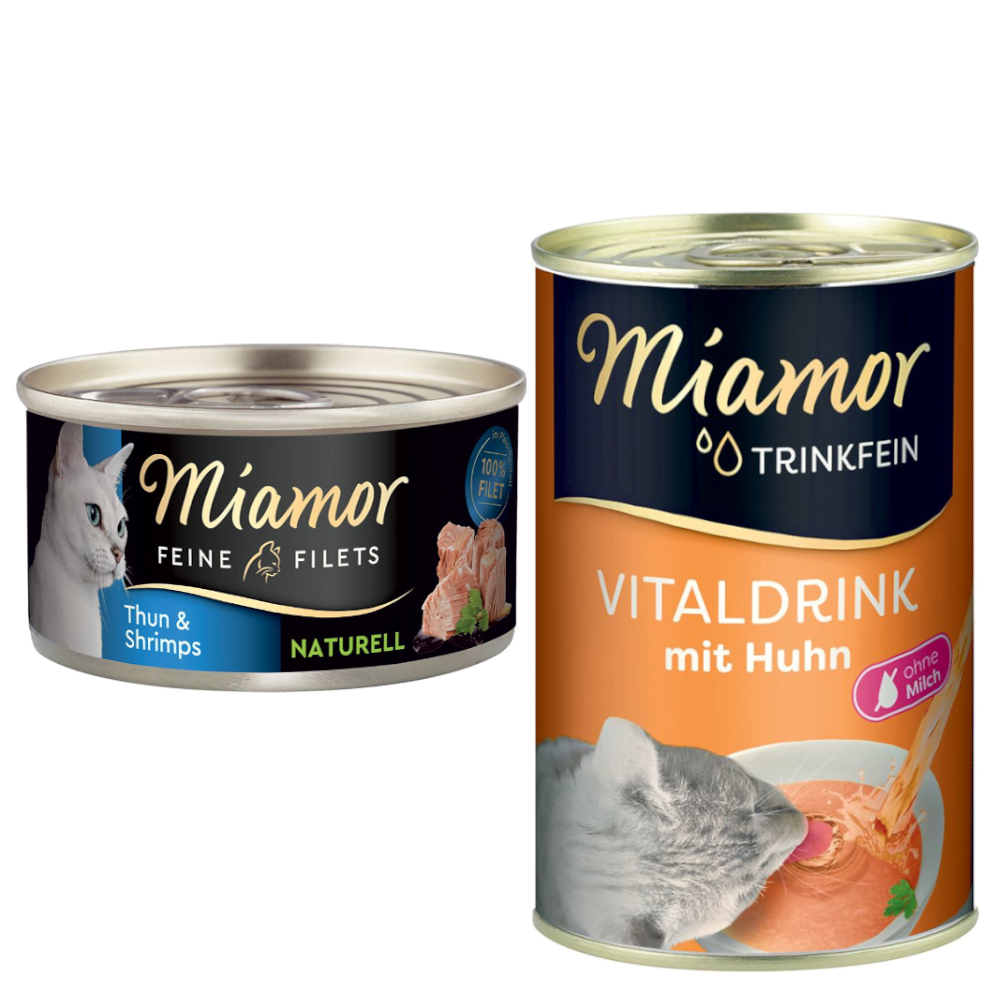 Miamor Kombi-Paket: Feine Filets Naturelle 12 x 80 g + Trinkfein Vitaldrink 6 x 135 ml - Feine Filets Thunfisch & Shrimps + Vitaldrink mit Huhn von Miamor