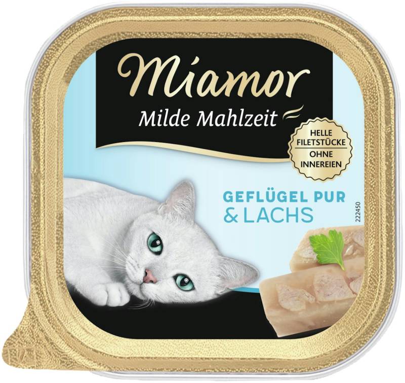 Miamor Milde Mahlzeit 100g Schale Katzennassfutter Sparpaket 32 x 100 Gramm Geflügel Pur & Lachs