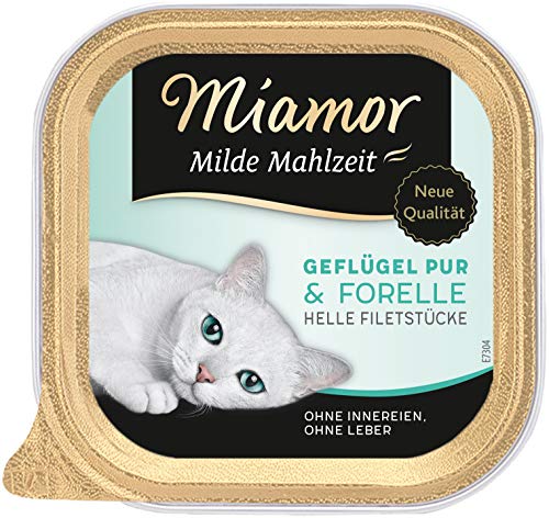 MIAMOR - Milde Mahlzeit | Nassfutter für ausgewachsene Katzen mit Filetstückchen vom Geflügel. Leicht verdauliches Ergänzungsfutter in der Dose ohne Zusatzstoffe | 16x100g Geflügel Pur & Forelle von Miamor