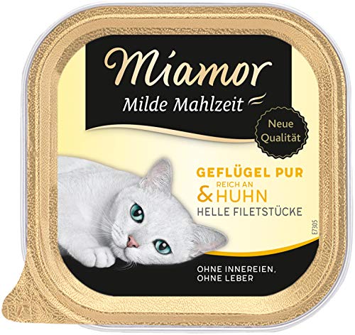 MIAMOR - Milde Mahlzeit | Nassfutter für ausgewachsene Katzen mit Filetstückchen vom Geflügel. Leicht verdauliches Ergänzungsfutter im Schälchen ohne Zusatzstoffe | 16x100g Geflügel Pur & Huhn von Miamor