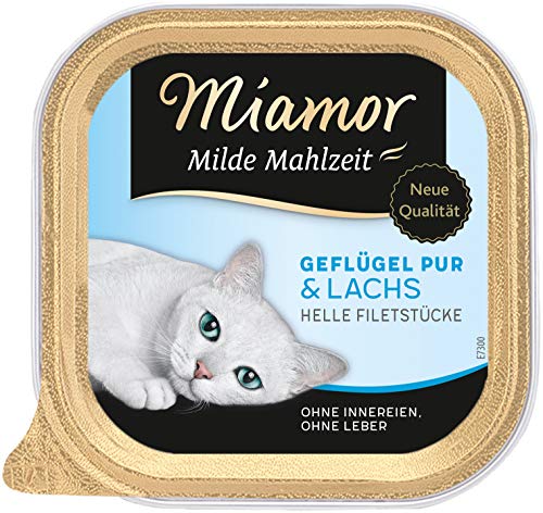 MIAMOR - Milde Mahlzeit | Nassfutter für ausgewachsene Katzen mit Filetstückchen vom Geflügel. Leicht verdauliches Ergänzungsfutter im Schälchen ohne Zusatzstoffe | 16x100g Geflügel Pur & Lachs von Miamor