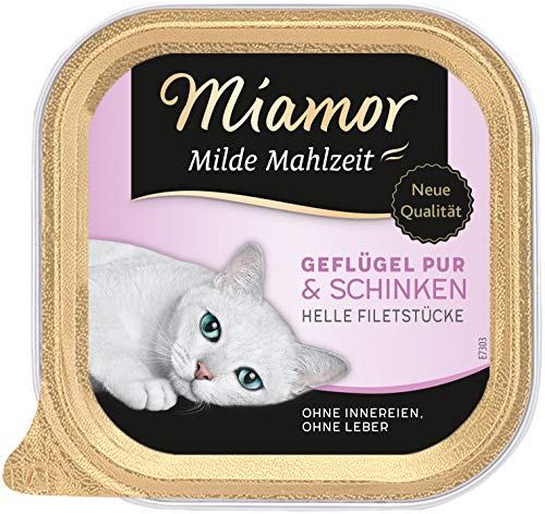 MIAMOR - Milde Mahlzeit | Nassfutter für ausgewachsene Katzen mit Filetstückchen vom Geflügel. Leicht verdauliches Ergänzungsfutter im Schälchen ohne Zusatzstoffe | 16x100g Geflügel Pur & Schinken von Miamor