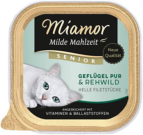 MIAMOR - Milde Mahlzeit Senior | Nassfutter für ältere Katzen mit Filetstückchen vom Geflügel. Leicht verdauliches Ergänzungsfutter im Schälchen ohne Zusatzstoffe | 16x100g Geflügel Pur & Rehwild von Miamor