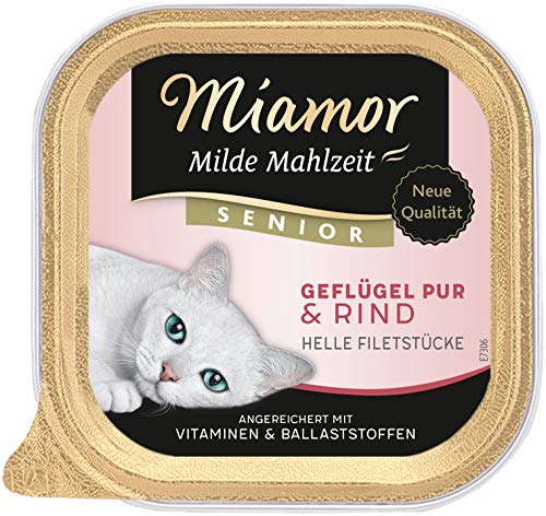 MIAMOR - Milde Mahlzeit Senior | Nassfutter für ältere Katzen mit Filetstückchen vom Geflügel. Leicht verdauliches Ergänzungsfutter im Schälchen ohne Zusatzstoffe | 16x100g Geflügel Pur & Rind von Miamor