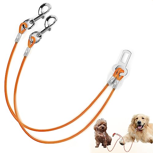 Doppeltes Hunde-Autogeschirr, 2-in-1 verbesserte zwei Hundeleine aus beschichtetem Drahtseil, Sicherheitsfestigkeit, Haltegurt aus Edelstahl. Fahrzeuggeschirr mit Riegelbefestigung (Orange, 60 cm) von Miao Chuai