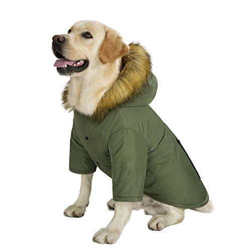 Daunenjacke für große Hunde, mit Kapuze, Winter, wasserdicht, reflektierend, warm, dick gepolstert, für mittelgroße und große Hunde, mit echter Tasche (26, Armeegrün) von Miaododo