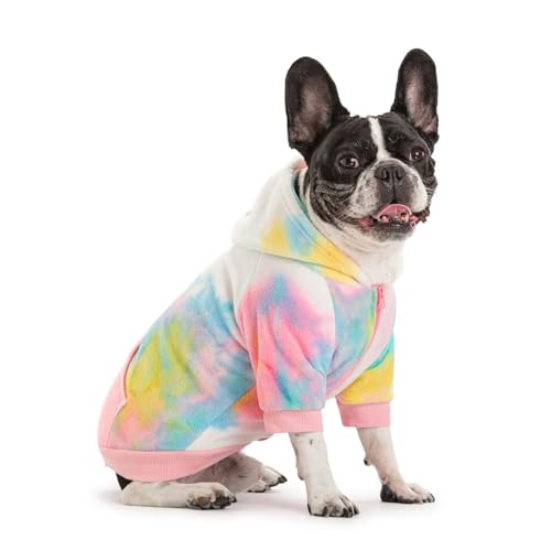 Winterkleidung für Hunde mit französischer Bulldogge, Fleece-Hundemantel, Kapuzenpullover, Welpen-Sweatshirts für kleine Hunde, Jungen, Mädchen, Haustierkostüm-Jacke (Rosa + Weiß, Größe S) von Miaododo