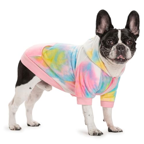 Winterkleidung für Hunde mit französischer Bulldogge, Fleece-Hundemantel, Kapuzenpullover, Welpen-Sweatshirts für kleine Hunde, Jungen, Mädchen, Haustierkostüm-Jacke (Rosa + Weiß, M) von Miaododo