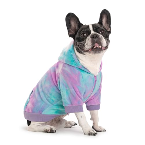 Winterkleidung für Hunde mit französischer Bulldogge, Fleece-Hundemantel, Kapuzenpullover, Welpen-Sweatshirts für kleine Hunde, Jungen, Mädchen, Haustierkostüm-Jacke (lila + grün, M) von Miaododo