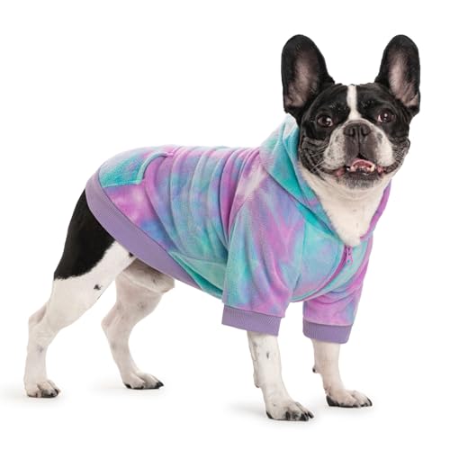 Winterkleidung für Hunde mit französischer Bulldogge, Fleece-Hundemantel, Kapuzenpullover, Welpen-Sweatshirts für kleine Hunde, Jungen, Mädchen, Haustierkostüm-Jacke (lila + grün, S) von Miaododo