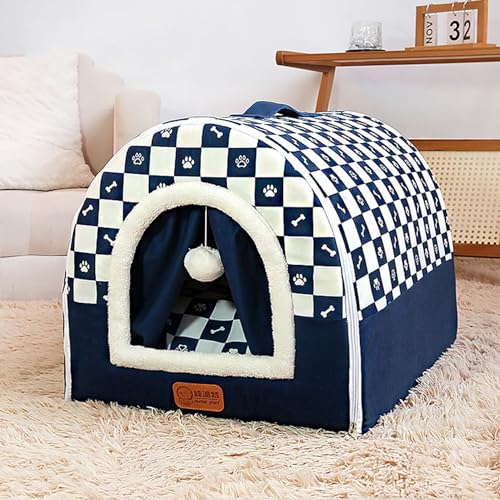 Hundehütte Haustierbett für Hunde Katzen Welpe Kätzchen, Indoor Waschbar Katze Hund Höhle Bett, Rutschfestes, Warmes Hund Beruhigendes Bett, Faltbares Schlafnest Pad (60 x 45 x 40 cm, Blau) von Miaogoo