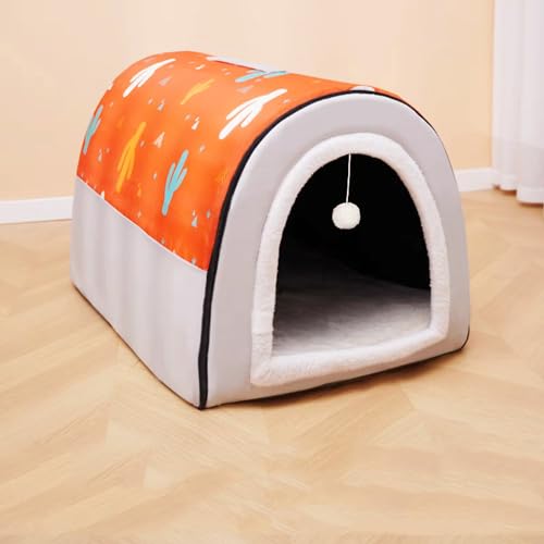 Miaogoo Hundehütte Haustierbett für Hunde Katzen Welpe Kätzchen, Indoor Waschbar Katze Hund Höhle Bett, Rutschfestes, Warmes Hund Beruhigendes Bett, Faltbares Schlafnest Pad (45 x 38 x 34 cm, Orange) von Miaogoo