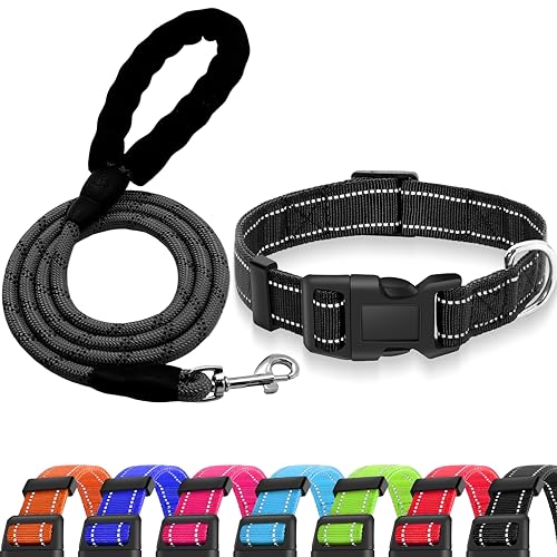 Miavers Reflektierendes Hundehalsband, verstellbares Nylonhalsband, geeignet für kleine, mittelgroße und große Hunde (Größe M, Schwarz (Korallen+Leine) von Miavers