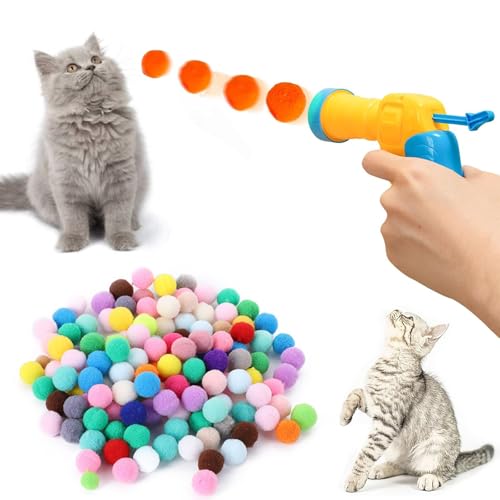 Katzenspielzeug 50 Bälle, Katzen Ball Launcher, Katzenbälle, Kätzchen Pompon Spielzeug Bälle, Plüsch Kätzchen Haustier Spielzeug Bälle, Interaktives Spielzeug für Indoor Haustier Katzen Hunde von Miayical