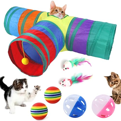 Katzenspielzeug Set Katzentunnel, Katze Spielzeug Hundenspielzeug Spieltunnel, Faltbarer Katzentunnel, Interaktives Katzen Spielzeug für Kätzchen Federspielzeug Katzenbälle für Kätzchen, Welpen von Miayical