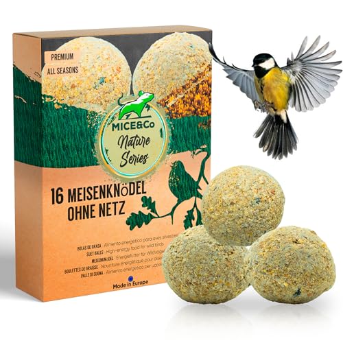 Mice&Co Wildvogelfutter Meisenknödel ohne Netz | Körnerkugel für Wildvögel, Nährstoffreiches Ganzahresfutter für alle Vogelarten - 16 Stück je 90 Gramm von Mice&Co