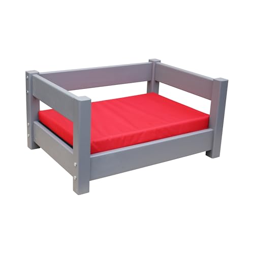 Micoland Hundebett Katzenbett Haustierbett 60x40 und 80x60 cm Kiefer massiv mit Matratze (60 x 40 cm Grau-Rot) von Micoland