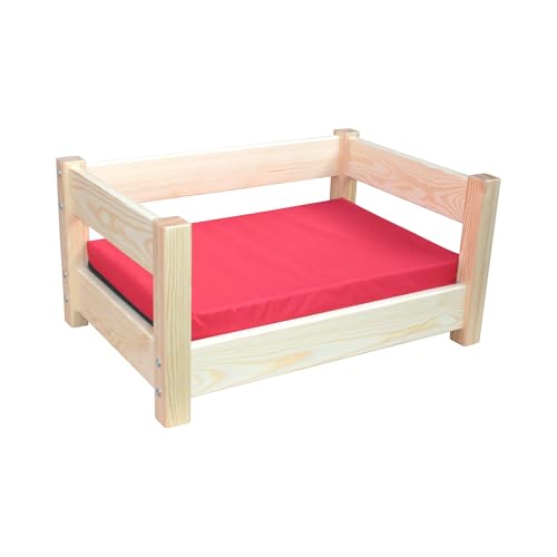 Micoland Hundebett Katzenbett Haustierbett 60x40 und 80x60 cm Kiefer massiv mit Matratze (60 x 40 cm Kiefer-Rot) von Micoland