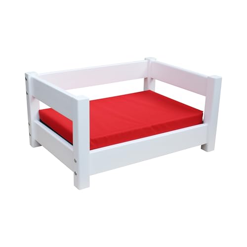 Micoland Hundebett Katzenbett Haustierbett 60x40 und 80x60 cm Kiefer massiv mit Matratze (60 x 40 cm Weiß-Rot) von Micoland