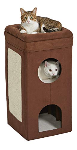 MidWest Homes for Pets Modell 137-BRC Katzenhaus, Design mit drei Ebenen, braunes Kunstvelours und synthetisches Schaffell, ca. 37 x 37 x 77 cm (L x B x H) von MidWest Homes for Pets