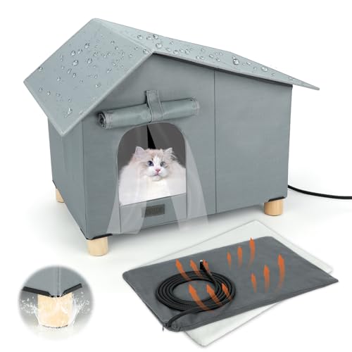 Erhöhtes beheiztes Katzenhaus für den Außenbereich, extra breit, wasserdicht, Feral-Katzenunterstände für Indoor-Outdoor-Katzen, warmes und isoliertes beheiztes Katzenbett mit thermostatischem von Midollarle