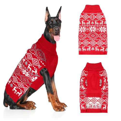 Weihnachtspullover für Hunde, dick, warm, mit Loch für die Leine, Schneeflocke, Rentier, für kaltes Wetter, Winter-Strick-Rollkragenpullover für große Hunde, Größe XL von Midollarle