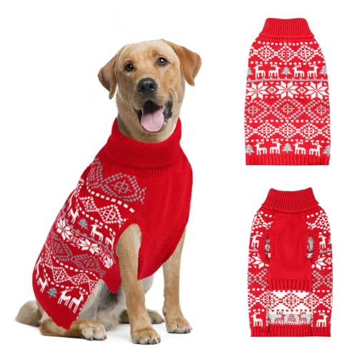 Weihnachtspullover für große Hunde, dickes, warmes Hunde-Sweatshirt mit Loch für die Leine, Schneeflocke, Rentier, Hund, Urlaubspullover für kaltes Wetter, Winter-Strick-Rollkragen-Hundepullover für von Midollarle