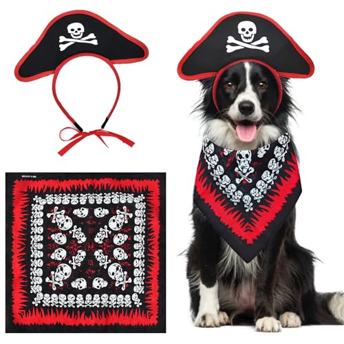 2 Stück Haustier-Piratenkostüm, Halloween-Hundekostüm, Totenkopf, Bandana, Piratenhut, Stirnband, Welpen, Kapitänskappe, Fluch der Karibik, lustig, Halloween-Outfits, Zubehör für mittelgroße und große von Midufrry