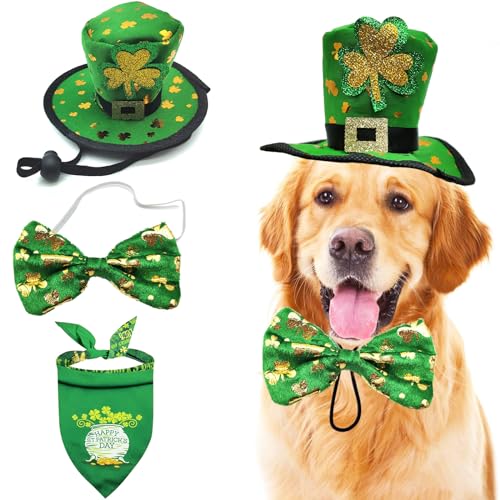 3-teiliges St. Patrick's Day Haustierkostüm, St. Patty's Day Hundehut, irisches Kleeblatt, Bandana, wendbar, Dreieckschal, Hunde-Fliege, Set für große Hunde, Welpen-Outfit (irische Bandanas + Fliege + von Midufrry