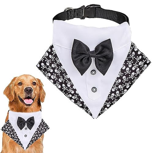 Halloween Dog Costumes Skulls Dog Bandana Collar with Bow Tie Funny Tux Triangle Bibs Scarf Clothes Adjustable Puppy Harness with D-Ring, Halloween Pet Outfit for Small Medium Large Dogs Cats Party Dr von Midufrry