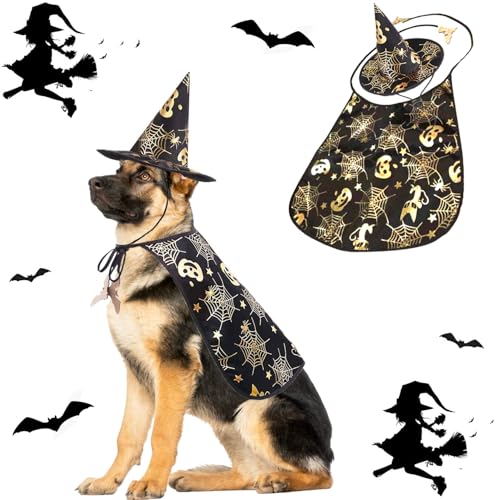 Halloween-Hundekostüm, Hundeanzug, 2 Stück, Haustierumhang, Hexenhut, Adiustable Halloween-Hundekleidung, Welpe, Vampir, lustige Zauberer-Outfits für mittelgroße und große Hunde, Katzen, cooles von Midufrry