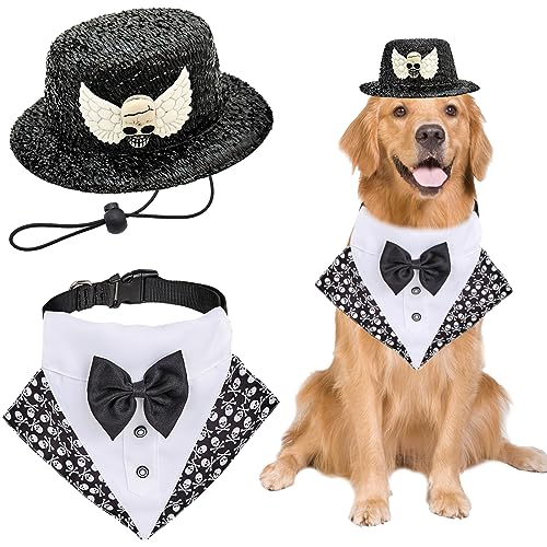 Halloween-Hundekostüm, lustiger Totenkopf, Hundehalstuch, Halsband und Fledermaus, Haustier-Hut, schwarze Hunde-Fliege, formelle Smoking-Kleidung mit D-Ring, Halloween-Smoking-Kostüm für große Hunde, von Midufrry