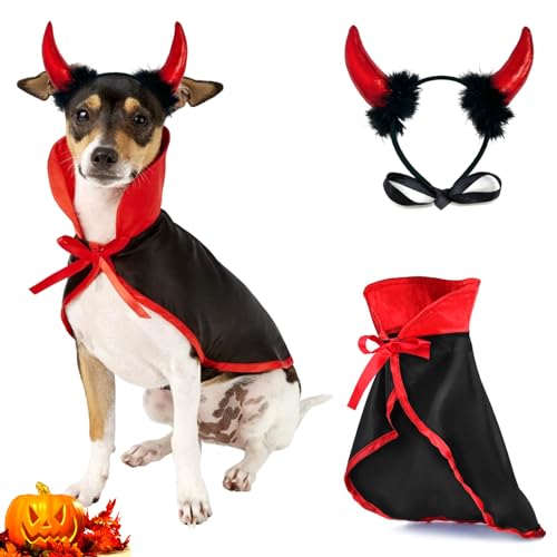 Halloween-Kostüm für mittelgroße Hunde, 2 Stück, niedlicher Umhang für Katzen, Hunde, Cosplay, Teufelshut, Stirnband, verstellbarer Vampirumhang, Dämonen-Haarreifen, lustiges Haustierumhang, Outfits von Midufrry