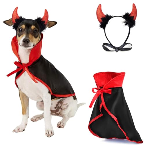 Halloween-Kostüm für mittelgroße Hunde, 2 Stück, niedlicher Umhang für Katzen, Hunde, Cosplay, Teufelshut, Stirnband, verstellbarer Vampirumhang, Dämonen-Haarreifen, lustiges Haustierumhang, Outfits von Midufrry