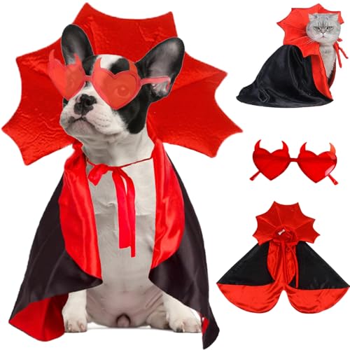 Halloween-Vampir-Kostüm für Hunde, Umhang mit Teufelshörnern, Sonnenbrille, 2 Stück, Neuheit, Halloween-Dämonen-Outfits für kleine, mittelgroße Hunde und Katzen, lustiger Hexenmantel (Teufelsumhang von Midufrry