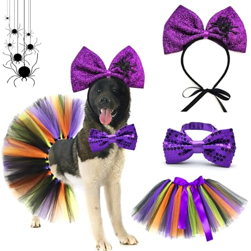 Haustier-Halloween-Kostüm, Hund, Tüllrock, Katzenhalsband, Schleife, Haarreifen mit Spinne, 3 Stück, Halloween-Kostüm, Zubehör, glänzendes Stirnband, Kleid, niedliches Cosplay-Outfit für mittelgroße von Midufrry