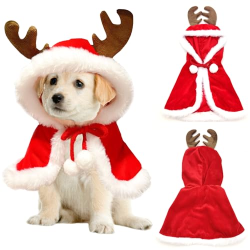 Hund Weihnachtskostüm Welpe Xmas Cloak Elch Geweih Hut Snata Claus Rentier Haustier Umhang Niedlich Weihnachten Outfit Rot Samt Katze Umhang mit Pompons Party Cosplay Kleid Winter Hoodie Mantel Kleine von Midufrry