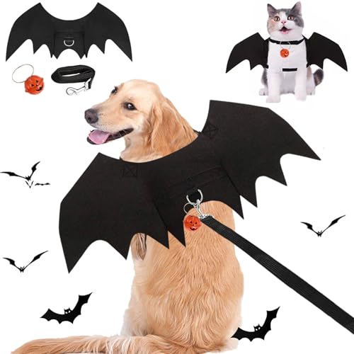 Hunde-Fledermausflügel-Kostüm, Halloween-Kostüm, 3-teilig, lustige Katzen-/Hundeflügel mit Leine, Kürbis, Glöckchen, Cosplay, Fledermauskleidung für kleine, mittelgroße und große Hunde, Welpen, von Midufrry