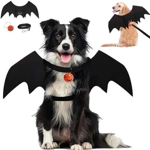 Hunde-Fledermausflügel-Kostüm, Halloween-Kostüm, 3-teilig, lustige Katzen-/Hundeflügel mit Leine, Kürbis, Glöckchen, Cosplay, Fledermauskleidung für kleine, mittelgroße und große Hunde, Welpen, von Midufrry