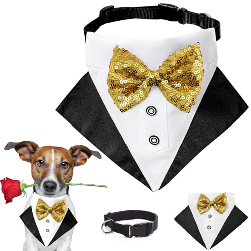 Hunde-Smoking-Kostüm, Hochzeit, Hundehalstuch, Nylonhalsband, Anzug mit goldfarbener Fliege, verstellbar, schwarz, Smoking, formelle Hundekleidung für kleine, mittelgroße und große Hunde, von Midufrry