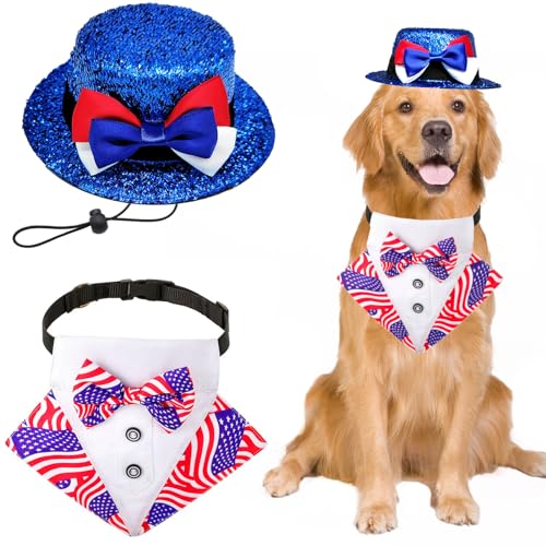 Independence Day Hundekostüm, Motiv: amerikanische Flagge, Bandana, Fliege, Halsband, glänzend, patriotisches Outfit, verstellbar, für Welpen, Mütze, Smoking, Schal für kleine und mittelgroße und von Midufrry