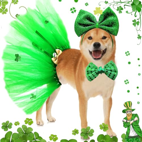 Pet St Patricks Day Kostüm 3er Pack St. Patty's Day Hunde-Stirnband, Tutu-Rock und grüne Fliege mit glänzendem Kleeblatt, irische ausgefallene Hundekleidung für mittelgroße und große Hunde (grünes von Midufrry