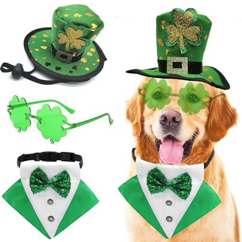 St. Patrick's Day Haustierkostüm, Hut mit Zylinderhut, irischer Smoking, Bandana, grünes Kragen, Schal, Kleeblatt, Sonnenbrille, Kobold-Outfits für mittelgroße und große Hunde, irische Party, von Midufrry