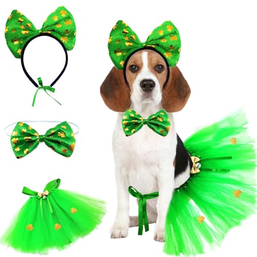 St. Patrick's Day Hundekostüm, 3 Stück, für Welpen, Tutu, Rock, Kleeblatt, Stirnband, Fliege, Kragen, grünes Kleid für mittelgroße und große Haustiere, St. Patty's Irish Clothe Leprechaun, Outfit, von Midufrry