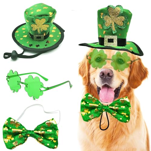 St. Patrick's Day Hundekostüm, 3-teilig, irischer Kobold, großer Hut, Haustier-Kleeblatt, Sonnenbrille, Fliege, Set für mittelgroße und große Hunde, St. Patrick's Day, Partys, Hunde-Outfits (Fliege, von Midufrry